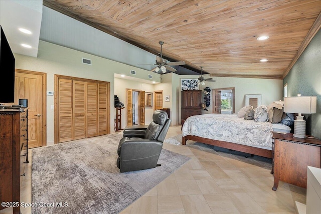 bedroom with wooden ceiling, vaulted ceiling, and visible vents