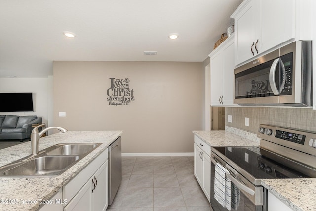 6575 Topaz Dr, Grant, FL 32949 - kitchen with tasteful backsplash, baseboards, white cabinets, appliances with stainless steel finishes, and a sink