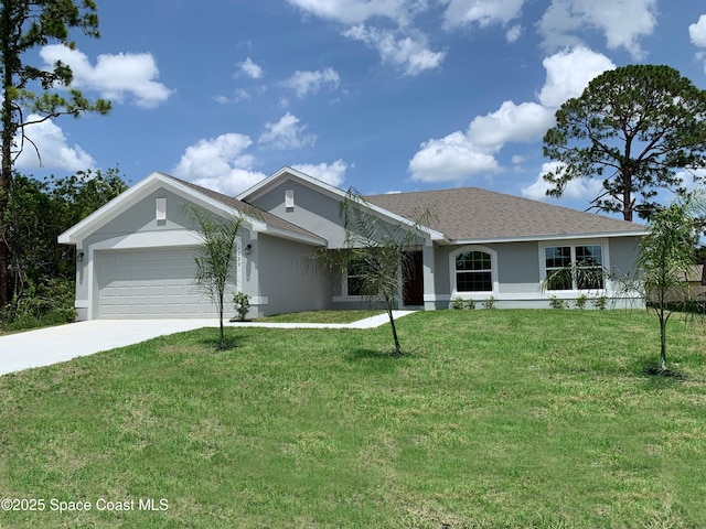 1099 Hanson Ave SW, Palm Bay, FL 32908 - ranch-style house featuring a garage, stucco siding, driveway, and a front yard