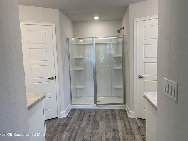 1099 Hanson Ave SW, Palm Bay, FL 32908 - bathroom with a stall shower, vanity, and wood finished floors