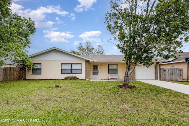 single story home featuring stucco siding, a front yard, fence, an attached garage, and driveway