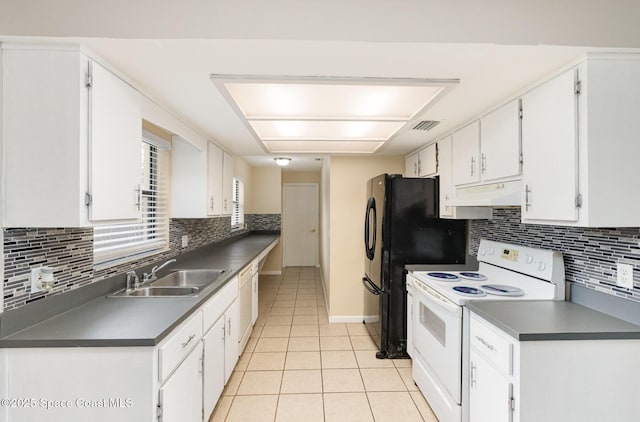 kitchen with white appliances, white cabinetry, under cabinet range hood, visible vents, and a sink