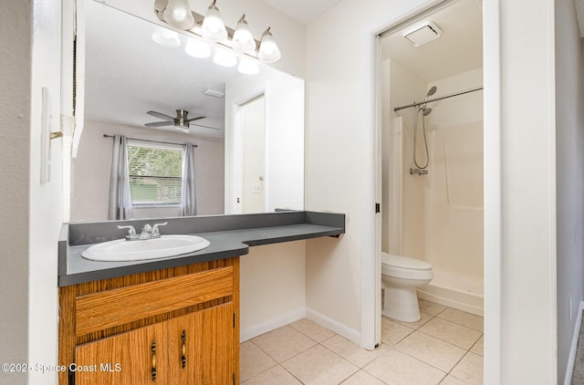 full bath featuring walk in shower, toilet, a ceiling fan, vanity, and tile patterned flooring