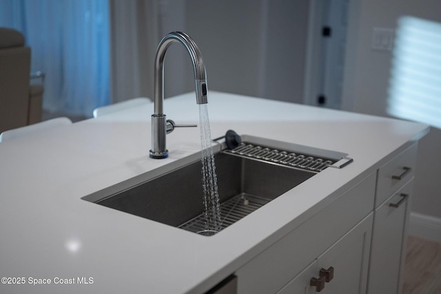 details with white cabinets, light countertops, and a sink