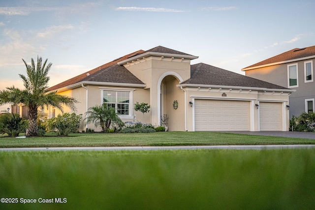mediterranean / spanish-style house featuring a garage, aphalt driveway, a front yard, stucco siding, and roof with shingles