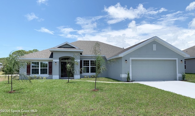 2205 Sans Souci Ave SE, Palm Bay, FL 32909 - single story home with driveway, a garage, a front yard, stucco siding, and roof with shingles
