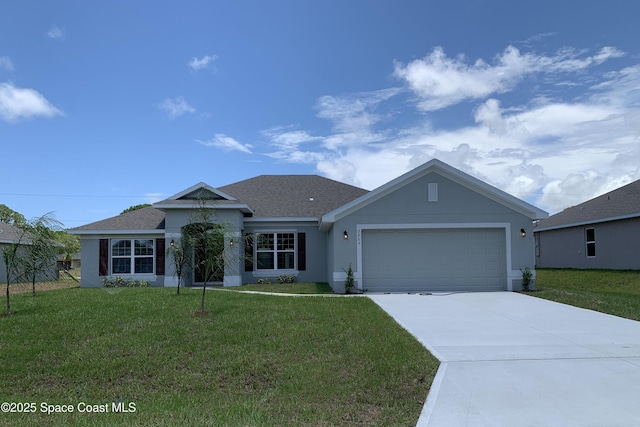 2205 Sans Souci Ave SE, Palm Bay, FL 32909 - ranch-style house with a front yard, concrete driveway, stucco siding, and a garage
