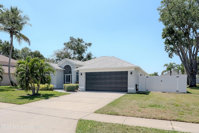 3780 Starlight Ave, Merritt Island, FL 32953 - ranch-style house featuring stucco siding, a front yard, a gate, a garage, and concrete driveway