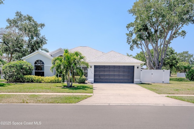 3780 Starlight Ave, Merritt Island, FL 32953 - ranch-style house featuring stucco siding, a front yard, a gate, an attached garage, and driveway