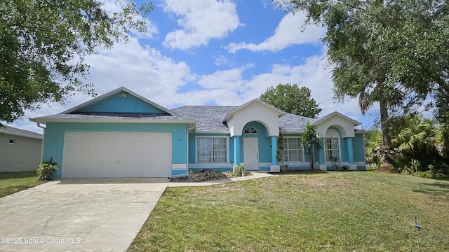 234 La Gore St SW, Palm Bay, FL 32908 - single story home with a front lawn, driveway, a garage, a shingled roof, and stucco siding