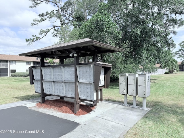 surrounding community with a lawn and mail area
