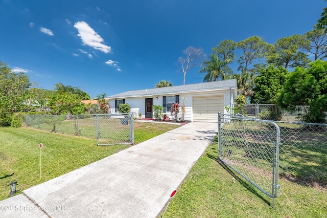 999 Jupiter Blvd NW, Palm Bay, FL 32907 - view of front of house featuring a garage, fence private yard, a front yard, a gate, and concrete driveway