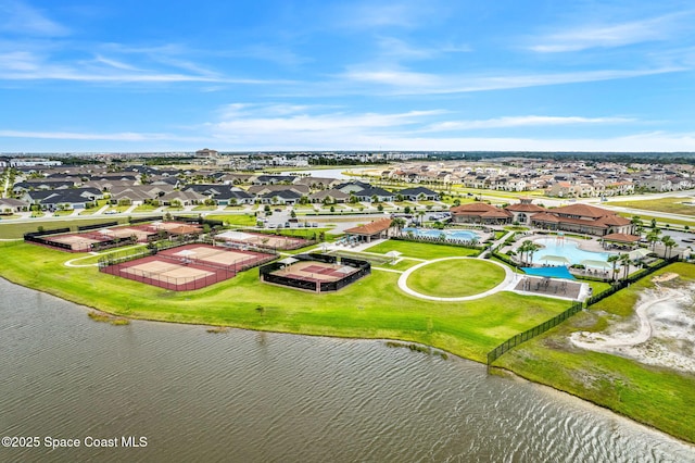 aerial view with a water view and a residential view