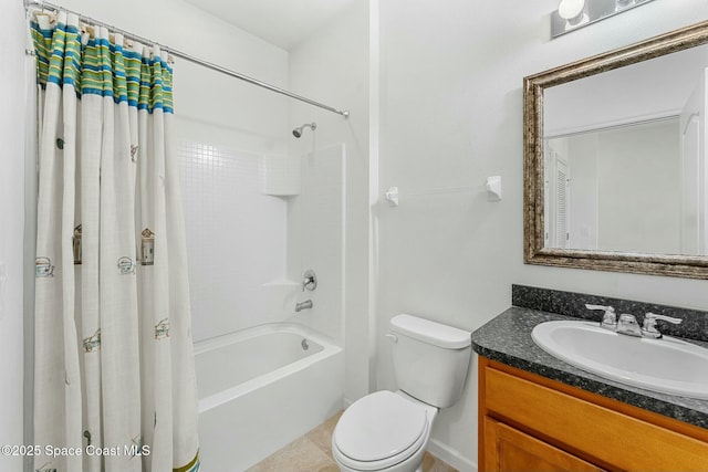 full bath with toilet, vanity, and shower / bath combination with curtain