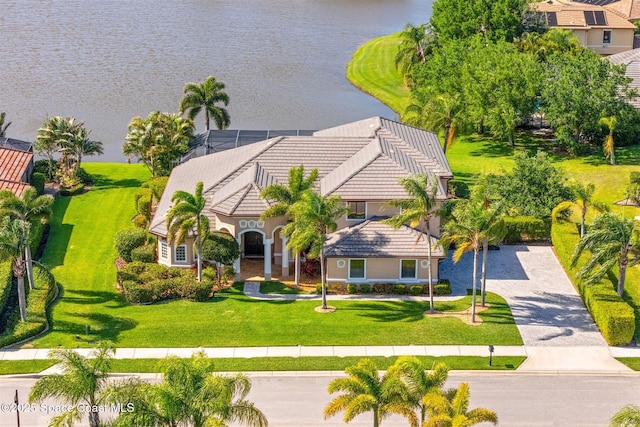 aerial view featuring a water view