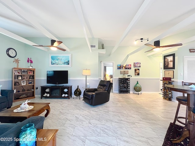 125 Terry St, Indian Harbour Beach, FL 32937 - living area featuring ceiling fan, marble finish floor, and beamed ceiling