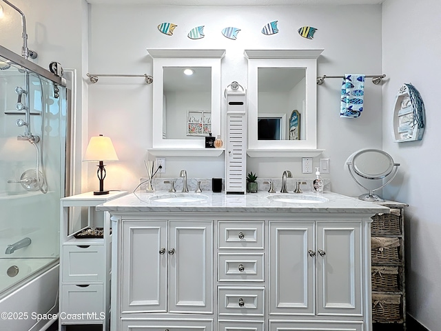 125 Terry St, Indian Harbour Beach, FL 32937 - bathroom with enclosed tub / shower combo, a sink, and double vanity