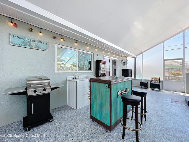 125 Terry St, Indian Harbour Beach, FL 32937 - bar with bar, vaulted ceiling, a textured wall, and a sink