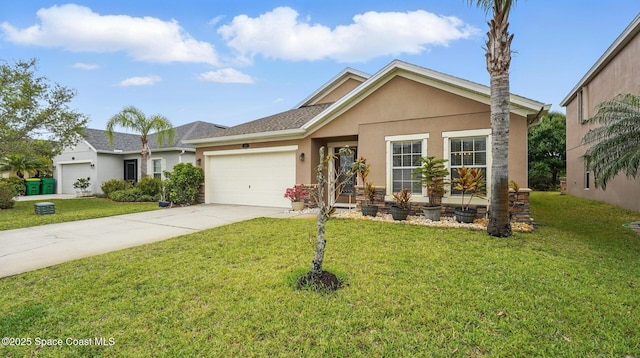 1546 Litchfield Dr, Melbourne, FL 32904 - ranch-style house featuring a garage, driveway, stucco siding, and a front lawn