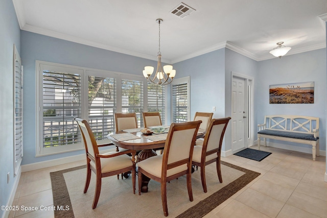 2470 Harbour Cove Dr, Hutchinson Island, FL 34949 - dining room featuring light tile patterned flooring, crown molding, an inviting chandelier, and visible vents
