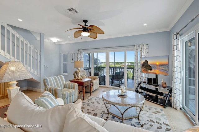 2470 Harbour Cove Dr, Hutchinson Island, FL 34949 - living room with recessed lighting, crown molding, stairs, visible vents, and ceiling fan