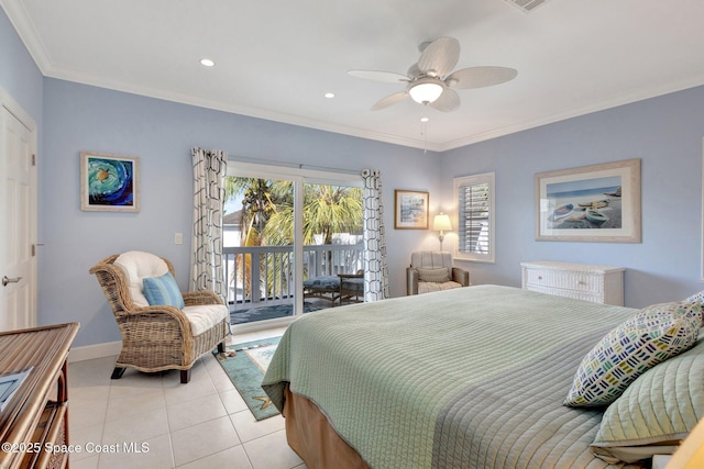 2470 Harbour Cove Dr, Hutchinson Island, FL 34949 - bedroom featuring baseboards, ornamental molding, recessed lighting, light tile patterned floors, and access to exterior