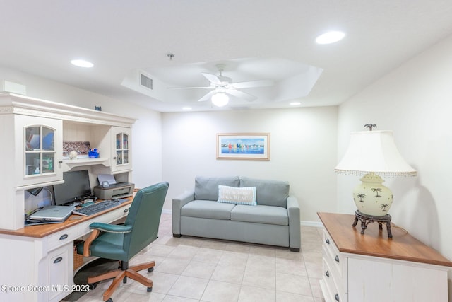 8941 Lake Dr Unit 204, Cape Canaveral, FL 32920 - home office with recessed lighting, light tile patterned floors, visible vents, a tray ceiling, and ceiling fan
