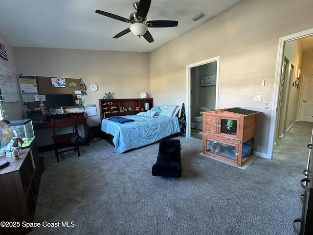 carpeted bedroom with ceiling fan, ensuite bath, and visible vents