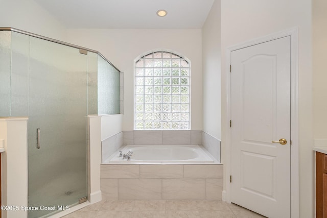 3156 Quint Dr, Melbourne, FL 32940 - full bath with vanity, a shower stall, a bath, tile patterned flooring, and recessed lighting