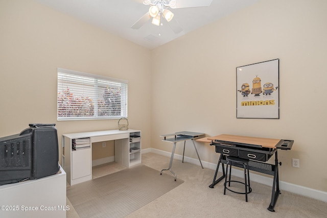 3156 Quint Dr, Melbourne, FL 32940 - home office with ceiling fan, light colored carpet, and baseboards