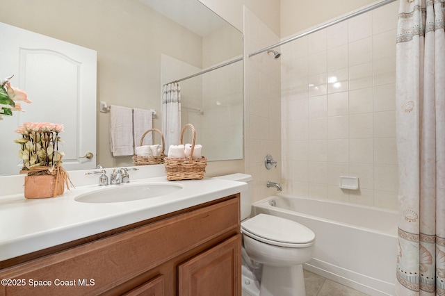 3156 Quint Dr, Melbourne, FL 32940 - full bathroom featuring shower / bath combination with curtain, vanity, toilet, and tile patterned floors