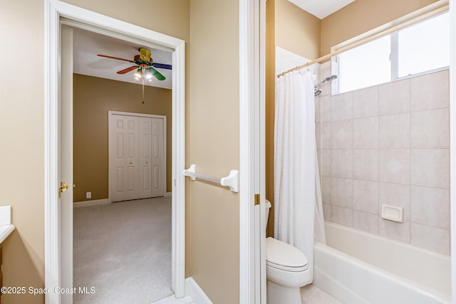 603 Manatee Bay Dr, Cape Canaveral, FL 32920 - bathroom with ceiling fan, toilet, and shower / tub combo with curtain