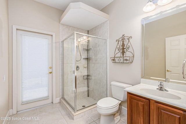 603 Manatee Bay Dr, Cape Canaveral, FL 32920 - bathroom featuring a shower stall, vanity, toilet, and tile patterned floors