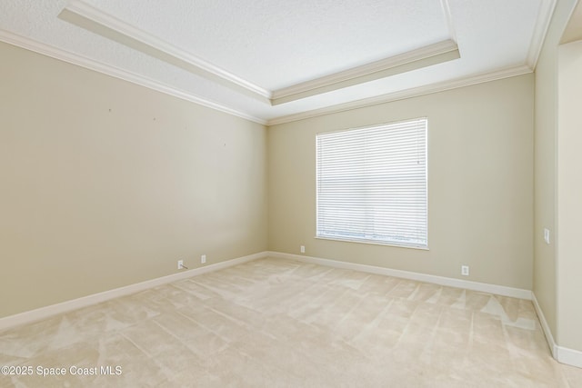 603 Manatee Bay Dr, Cape Canaveral, FL 32920 - empty room with ornamental molding, a raised ceiling, light colored carpet, baseboards, and a textured ceiling