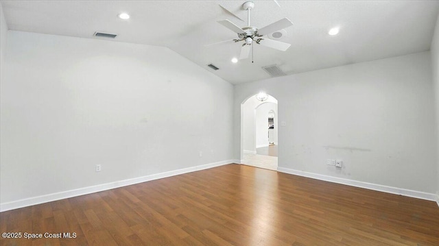 5395 Amy Way, Mims, FL 32754 - spare room with arched walkways, lofted ceiling, visible vents, and ceiling fan