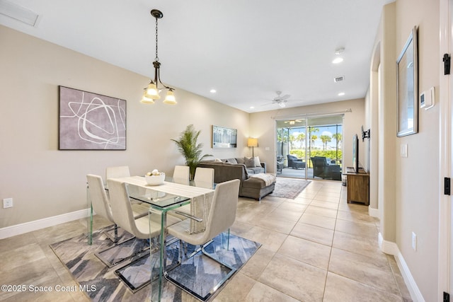 dining room featuring light tile patterned floors, baseboards, recessed lighting, and a ceiling fan