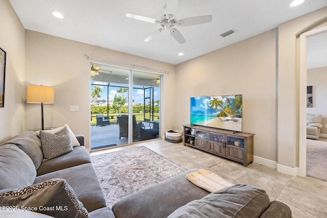 tiled living area featuring visible vents, recessed lighting, and ceiling fan