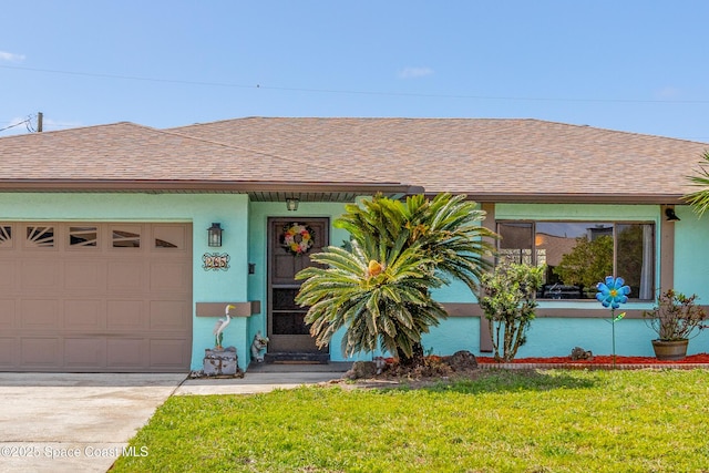265 Sheridan Ave, Satellite Beach, FL 32937 - ranch-style home with roof with shingles, a garage, stucco siding, a front yard, and driveway
