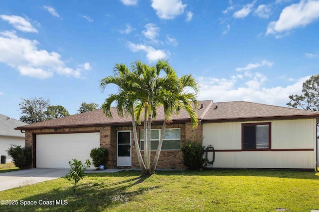 1019 Lee Ave NW, Palm Bay, FL 32907 - ranch-style house with an attached garage, concrete driveway, a front lawn, and brick siding