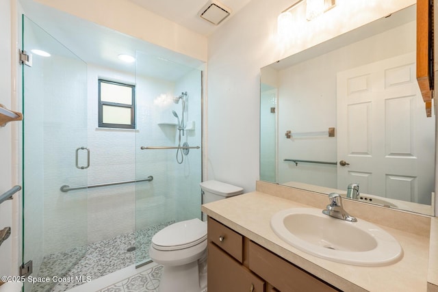 2102 E Parkton Dr, Deltona, FL 32725 - full bathroom with toilet, visible vents, a shower stall, and vanity
