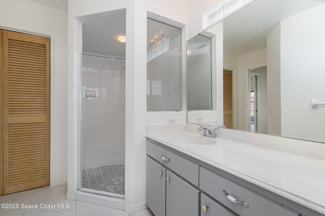 2062 Bottlebrush Dr, Melbourne, FL 32935 - bathroom with tile patterned floors, vanity, a closet, and a stall shower