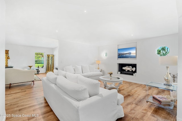 living area featuring wood finished floors, baseboards, and recessed lighting