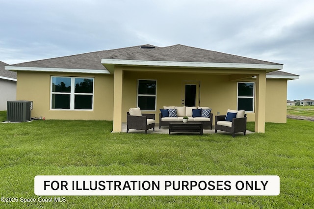 1145 Kylar Dr NW, Palm Bay, FL 32907 - back of house featuring an outdoor living space, central air condition unit, roof with shingles, stucco siding, and a lawn