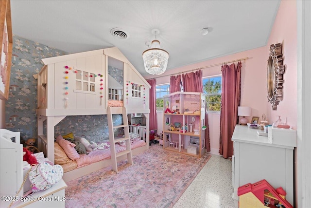 216 Cynthia Ln, Indian Harbour Beach, FL 32937 - bedroom featuring a chandelier, visible vents, and light speckled floor