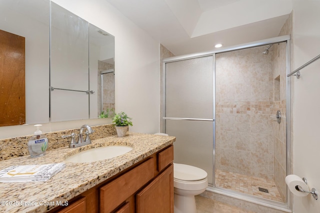 3021 Kirkland Rd NE, Palm Bay, FL 32905 - full bathroom featuring toilet, recessed lighting, a shower stall, and vanity