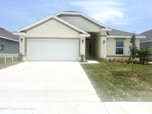 1125 Kylar Dr NW, Palm Bay, FL 32907 - ranch-style home with an attached garage, stucco siding, concrete driveway, a front lawn, and roof with shingles
