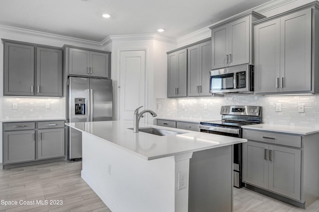 kitchen featuring gray cabinetry, stainless steel appliances, and a sink