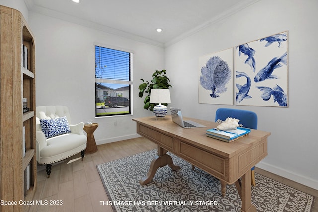 home office with baseboards, recessed lighting, light wood-style floors, and ornamental molding