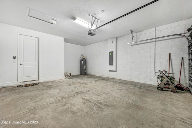 garage featuring electric panel, electric water heater, a garage door opener, and concrete block wall