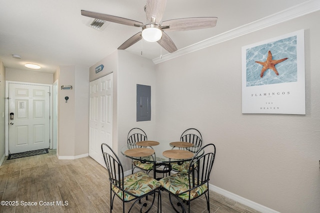 326 Seaport Blvd Unit T95, Cape Canaveral, FL 32920 - dining space with electric panel, light wood-style flooring, baseboards, and a ceiling fan